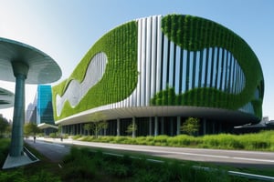 futuristic building that uses advanced technology, with a large amount of vegetation around it, straight lines