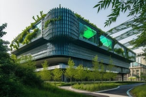 futuristic building that uses advanced technology to integrate perfectly with its environment, making it almost invisible, with a large amount of vegetation around it, straight lines