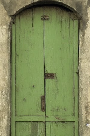 photorealistic image of a mysterious and worm-eaten classic green wooden door through which the years have passed, maintaining a worn and gloomy appearance with nothing more than the closed door and a frame of the same color as the door that surrounds it. place: in a field out of context at twelve at night without any light