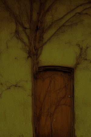 photorealistic image of a mysterious and worm-eaten classic green wooden door through which the years have passed, maintaining a worn and gloomy appearance with nothing more than the closed door and a frame of the same color as the door that surrounds it. place: in a field out of context at twelve at night without any light