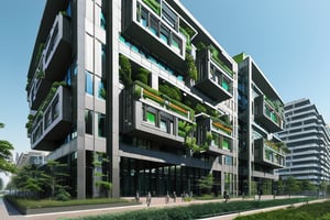 futuristic residential building using advanced technology, with a lot of greenery around it, straight lines, square