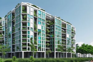 futuristic residential building using advanced technology, with a lot of greenery around it, straight lines, square