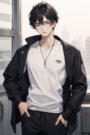 handsome, cool boy 18-year-old  with blue eyes, short black hair, and dressed in comfortable black clothing.