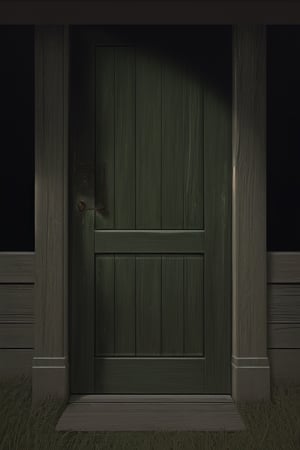 photorealistic image of a classic green wooden door through which the years have passed maintaining a worn and gloomy appearance with nothing more than the closed door and a frame of the same color as the door that surrounds it
place: in an open field at twelve at night without any light that illuminates it directly, only illuminated by some reflection of the streetlights that illuminate the street