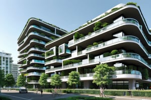 futuristic residential building using advanced technology, with a lot of greenery around it, straight lines, square