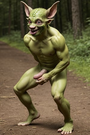 small and agile goblin, measuring 1 meter tall. Its green skin, dotted with some darker spots, camouflaged in the forests, It has pointed ears, its eyes are large and yellow, The head of the goblin with dark, greasy hair that falls in messy strands over its forehead, teeth are sharp and pointed , sinister smile. small but agile hands and feet, completely naked, hunched and shameless posture showing his green erect penis without shame.