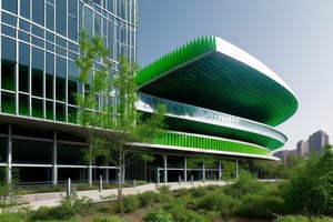 futuristic building that uses advanced technology, with a large amount of vegetation around it, straight lines