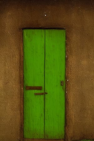 photorealistic image of a mysterious and worm-eaten classic green wooden door through which the years have passed, maintaining a worn and gloomy appearance with nothing more than the closed door and a frame of the same color as the door that surrounds it. place: in a field out of context at twelve at night without any light