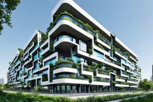 futuristic residential building using advanced technology, with a lot of greenery around it, straight lines, square