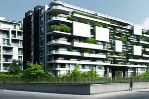 futuristic residential building using advanced technology, with a lot of greenery around it, straight lines, square