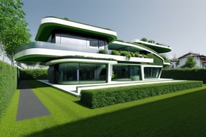 futuristic house using advanced technology, with a lot of greenery around it, straight lines, square