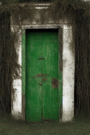 photorealistic image of a mysterious and worm-eaten classic green wooden door through which the years have passed, maintaining a worn and gloomy appearance with nothing more than the closed door and a frame of the same color as the door that surrounds it. place: in a field out of context at twelve at night without any light