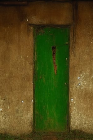 photorealistic image of a mysterious and worm-eaten classic green wooden door through which the years have passed, maintaining a worn and gloomy appearance with nothing more than the closed door and a frame of the same color as the door that surrounds it. place: in a field out of context at twelve at night without any light