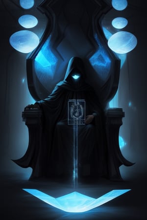 Immortal imposing man dressed in a black robe, faceless sitting on a floating futuristic throne with holographic screen huge futuristic throne room