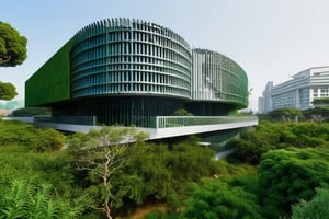 futuristic building that uses advanced technology to integrate perfectly with its environment, making it almost invisible, with a large amount of vegetation around it, straight lines