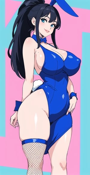 pretty woman girl, long hair, black blue hair, white theme, smile, big boobs, (trigger-art-style: 1.0), pink lips, big hips, tight fishnet socks, bunny girl costume, abstract blue background, (face-closeup-view-shot: 1.0), ponytail