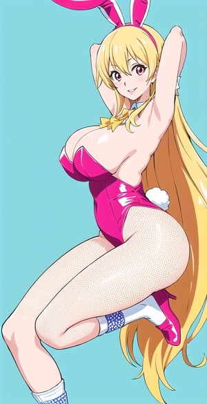 pretty woman girl, long hair, white theme, school room, smile, big boobs, (kyoto animation-art-style: 1.0),eft_nisekoi_chitoge, pink lips, big hips, tight fishnet socks, bunny girl costume, abstract blue background, one armpit exposing pose