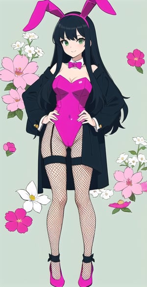 young woman, abstract black and white background, dark green and hot pink clothing theme, long black hair, bunnygirl costume,nemu, flowers around, long fishnet socks,Giselle Gewelle