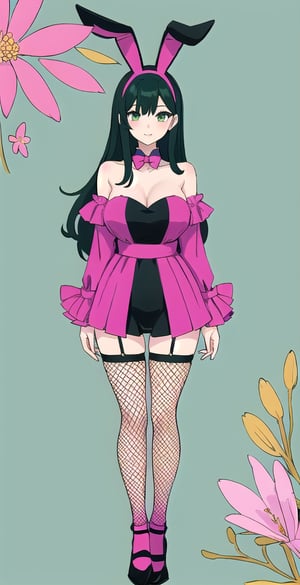 young woman, abstract black and white background, dark green and hot pink clothing theme, long black hair, bunnygirl costume,nemu, flowers around, long fishnet socks,Giselle Gewelle