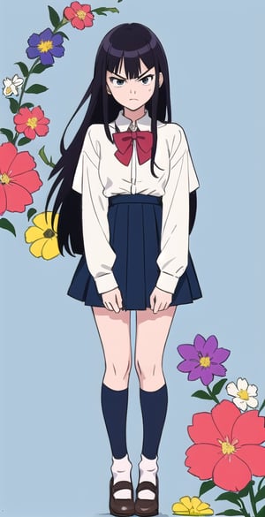 young woman, abstract blue background, clothing theme, long black hair, schoolgirl costume,nemu, flowers around, long fishnet socks, looking aside, cute angry