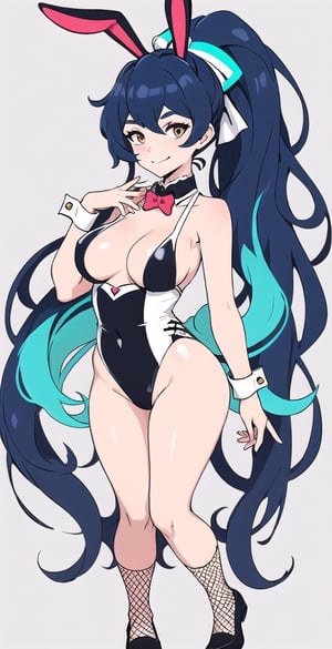 adult pretty woman, bunny gril costume, short sexy costume, long hair, black blue hair, very straight hair, big boobs, abstract empty background, light white texture, white and dark blue theme, long fishnet socks, (kiznaiver_art_style: 1.1), confident pose, little smile, ponytail hairstyle