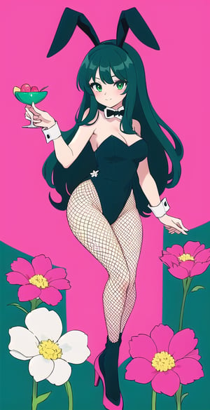 young woman, abstract black and white background, dark green and hot pink clothing theme, long black hair, bunnygirl costume,nemu, flowers around, long fishnet socks,Giselle Gewelle