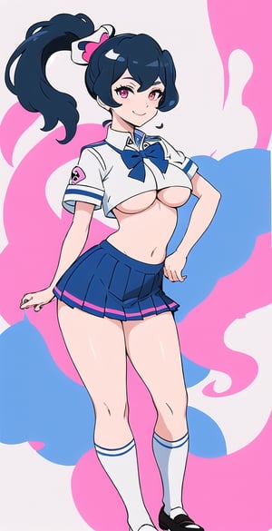 adult pretty woman, schoolgirl uniform, short sexy uniform, long hair, black hair, very straight hair, big boobs, abstract empty background, light white texture, white and blue and pink theme, long fishnet socks, (kiznaiver_art_style: 1.1), big hips, big boobs, confident pose, little smile, ponytail hairstyle