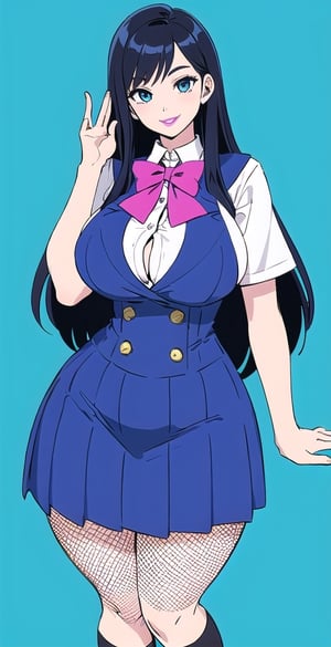 pretty woman girl, long hair, black blue hair, white theme, smile, big boobs, (trigger-art-style: 1.0), pink lips, big hips, tight fishnet socks, schoolgirl uniform, abstract blue background