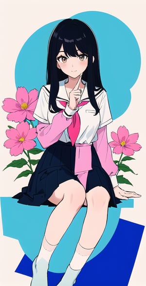 young woman, abstract black and white background, sky blue and light pink clothing theme, long black hair, schoolgirl costume,nemu, flowers around, long fishnet socks,Giselle Gewelle