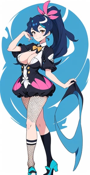 adult pretty woman, bunny gril costume, short sexy costume, long hair, black blue hair, very straight hair, big boobs, abstract empty background, light white texture, white and dark blue theme, long fishnet socks, (kiznaiver_art_style: 1.1), confident pose, little smile, ponytail hairstyle