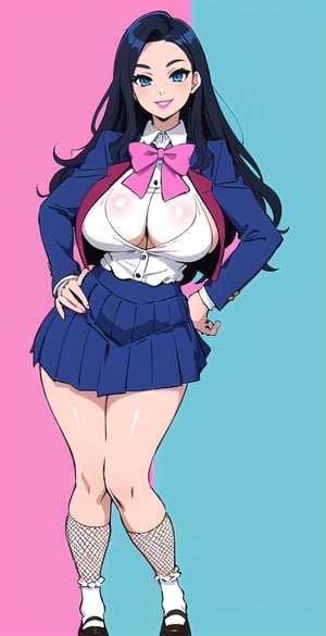 pretty woman girl, long hair, black blue hair, white theme, smile, big boobs, (trigger-art-style: 1.0), pink lips, big hips, tight fishnet socks, schoolgirl uniform, abstract blue background