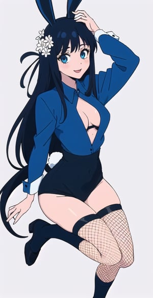 young woman, abstract black and white background, dark blue clothing theme, long black hair, bunnygirl costume,nemu, flowers around, long fishnet socks,Giselle Gewelle