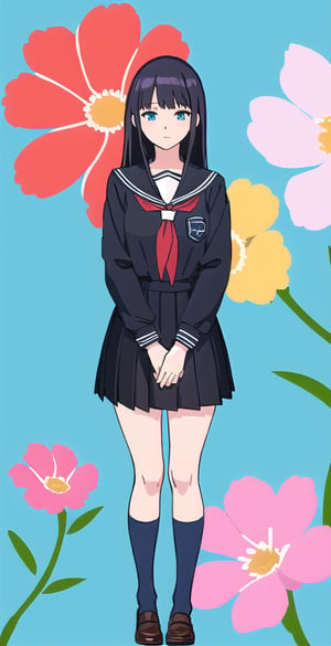 young woman, abstract blue background, clothing theme, long black hair, schoolgirl costume,nemu, flowers around, long fishnet socks, looking aside 