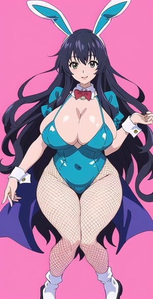 pretty woman girl, long hair, black blue hair, white theme, smile, big boobs, (kyoto animation-art-style: 1.0), pink lips, big hips, tight fishnet socks, bunny girl costume, abstract blue background