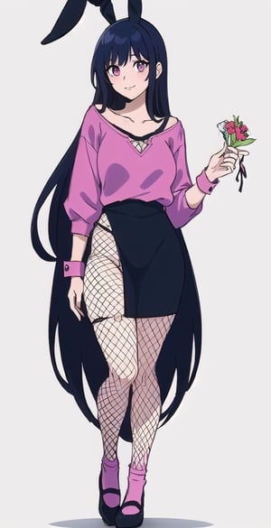 young woman, abstract black and white background, dark blue and hot pink clothing theme, long black hair, bunnygirl costume,nemu, flowers around, long fishnet socks,Giselle Gewelle