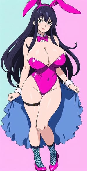 pretty woman girl, long hair, black blue hair, white theme, smile, big boobs, (kyoto animation-art-style: 1.0), pink lips, big hips, tight fishnet socks, bunny girl costume, abstract blue background