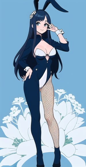 young woman, abstract dark blue background, white and black and blue theme, long black hair, bunnygirl costume,nemu, flowers around, long fishnet socks,Giselle Gewelle