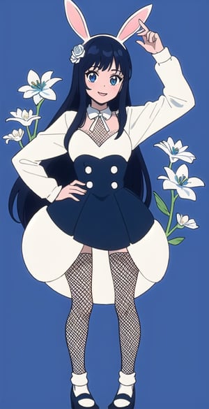 young woman, abstract dark blue background, white and black and blue theme, long black hair, bunnygirl costume,nemu, flowers around, long fishnet socks,Giselle Gewelle