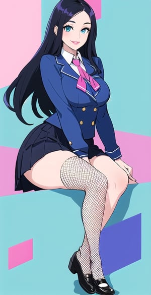 pretty woman girl, long hair, black blue hair, white theme, smile, pink lips, big hips, tight fishnet socks, schoolgirl uniform, abstract blue background