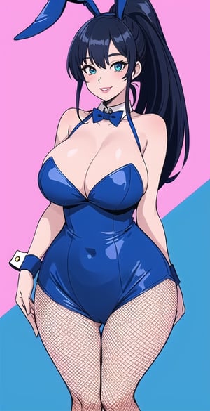 pretty woman girl, long hair, black blue hair, white theme, smile, big boobs, (trigger-art-style: 1.0), pink lips, big hips, tight fishnet socks, bunny girl costume, abstract blue background, ponytail