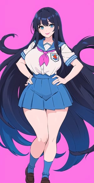 pretty woman girl, long hair, black blue hair, white theme, smile, pink lips, big hips, tight fishnet socks, schoolgirl uniform, abstract blue background