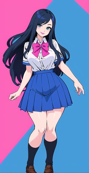 pretty woman girl, long hair, black blue hair, white theme, smile, (trigger-art-style: 1.0), pink lips, big hips, tight fishnet socks, schoolgirl uniform, abstract blue background