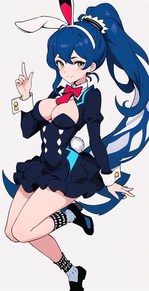 adult pretty woman, bunny gril costume, short sexy costume, long hair, black blue hair, very straight hair, big boobs, abstract empty background, light white texture, white and dark blue theme, long fishnet socks, (kiznaiver_art_style: 1.1), confident pose, little smile, ponytail hairstyle