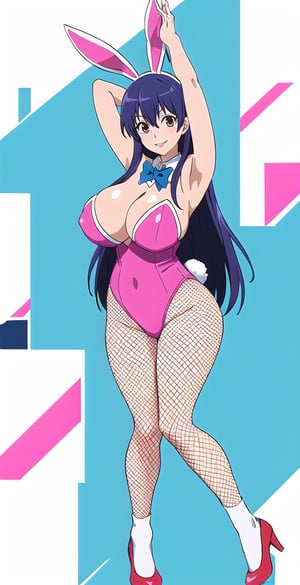 pretty woman girl, long hair, white theme, school room, smile, big boobs, (kyoto animation-art-style: 1.0),eft_nisekoi_chitoge, pink lips, big hips, tight fishnet socks, bunny girl costume, abstract blue background, (one_armpit: 1.0)