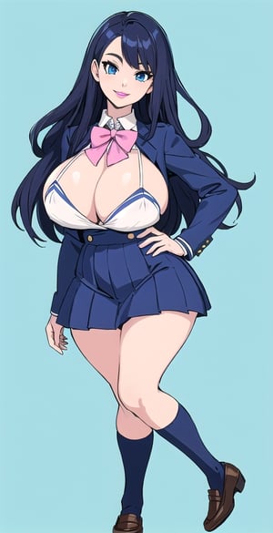 pretty woman girl, long hair, black blue hair, white theme, smile, big boobs, (trigger-art-style: 1.0), pink lips, big hips, tight fishnet socks, schoolgirl uniform, abstract blue background