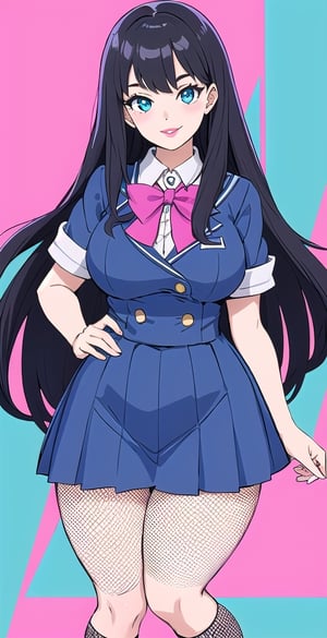 pretty woman girl, long hair, black blue hair, white theme, smile, (trigger-art-style: 1.0), pink lips, big hips, tight fishnet socks, schoolgirl uniform, abstract blue background