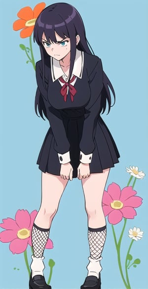 young woman, abstract blue background, clothing theme, long black hair, schoolgirl costume,nemu, flowers around, long fishnet socks, looking aside, cute angry, discusted