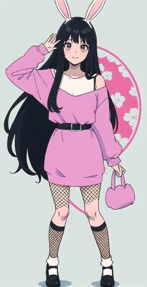 young woman, abstract black and white background, dark green and hot pink clothing theme, long black hair, bunnygirl costume,nemu, flowers around, long fishnet socks,Giselle Gewelle