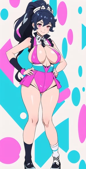 adult pretty woman, schoolgirl costume, short sexy costume, long hair, black hair, very straight hair, big boobs, abstract empty background, light white texture, white and blue and pink theme, long fishnet socks, (kiznaiver_art_style: 1.1), big hips, big boobs, confident pose, little smile, ponytail hairstyle