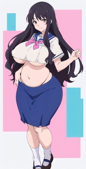 adult pretty woman, woman, schoolgirl uniform, long hair, black hair, very straight hair, big boobs, abstract empty background, light white texture, white and blue and pink theme, little smile, (kyoto_animation_art_style: 1.1), big boobs, big hips, long fishnet socks